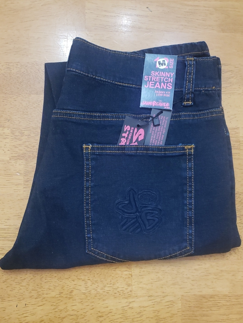 JawBreakeR Blue Stretch Skinny Jeans Embroidered Brass Knuckles on Back Pocket